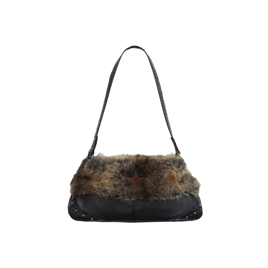 Black Brown Subculture Five-pointed Star Embroidery Stitching Plush Underarm Women's Messenger Bag
