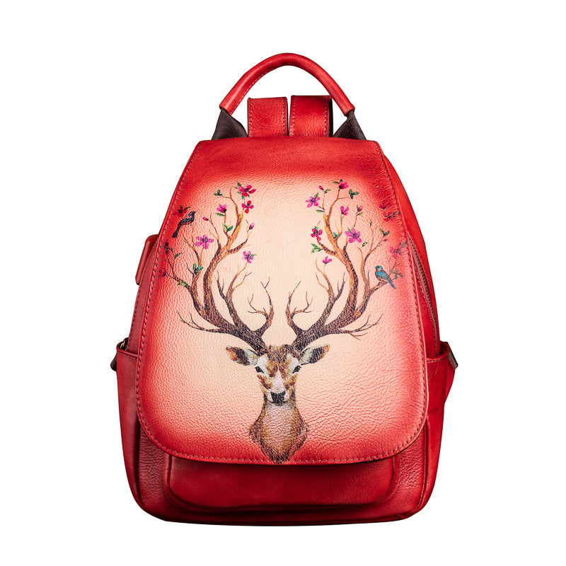 Leather First Layer Cowhide Creative Printed Yellow Brown Retro Backpacks