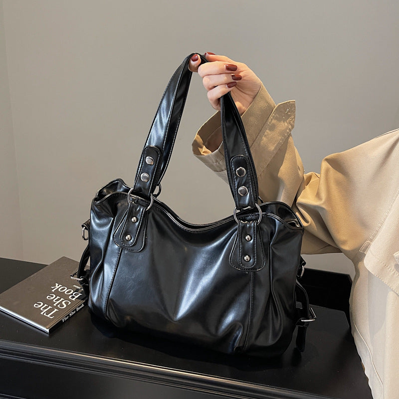 Retro Solid Color Large Capacity Soft Leather Tote Bags