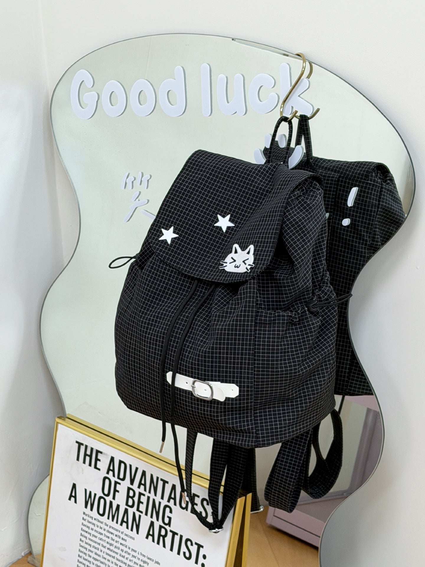 Embroidery Kitten Milk Blue Plaid Soft Leisure Backpack