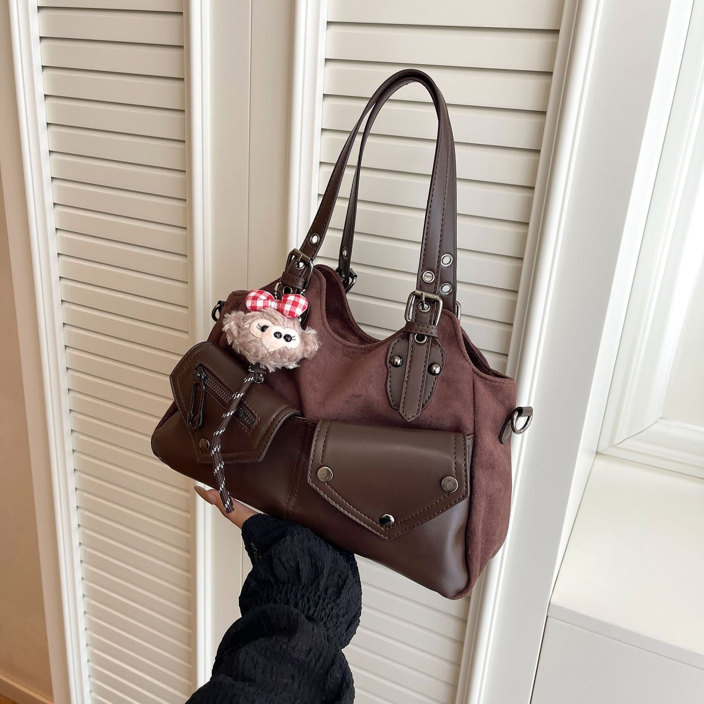 Women's Brown Retro Contrast Color Premium Large Women's Shoulder Bag