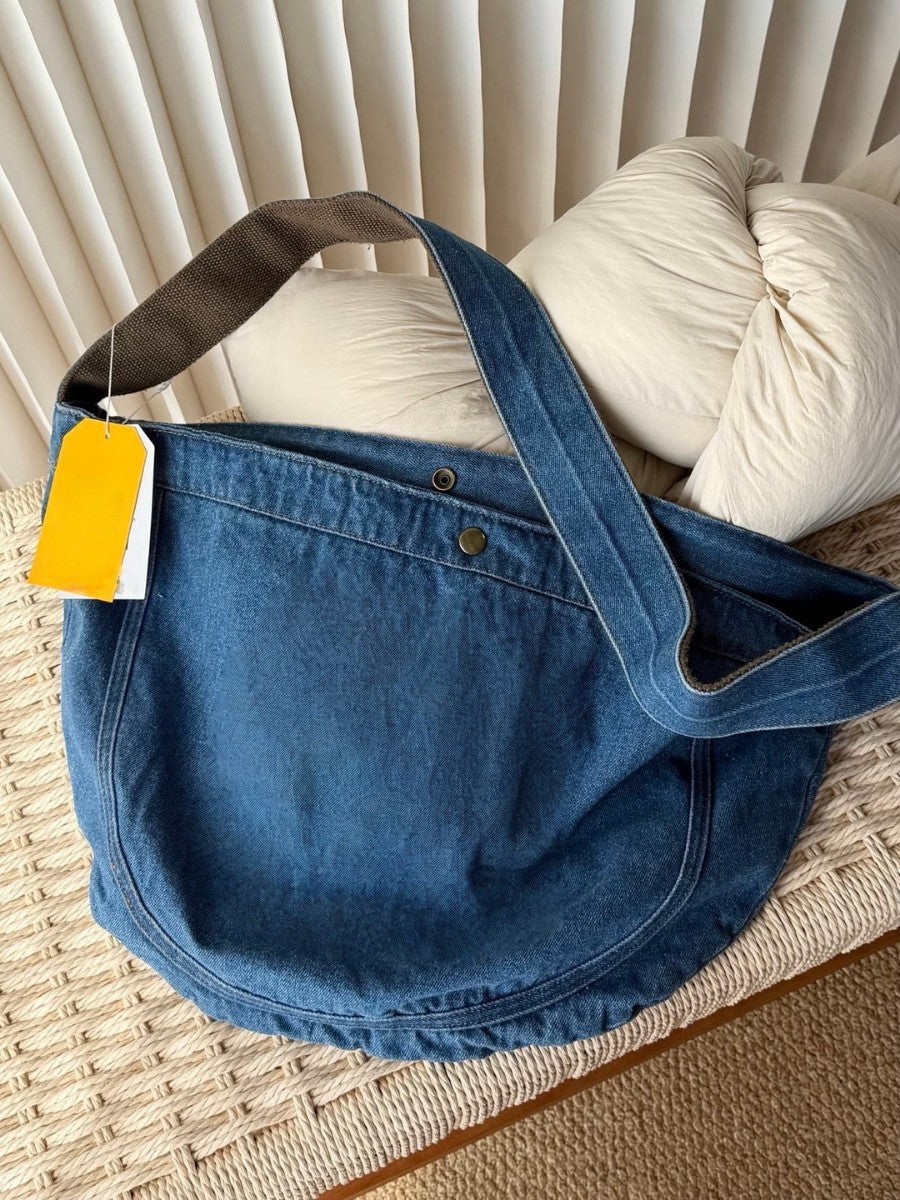 Women's Idle Style Washed Denim Crescent Artistic Tote Bags
