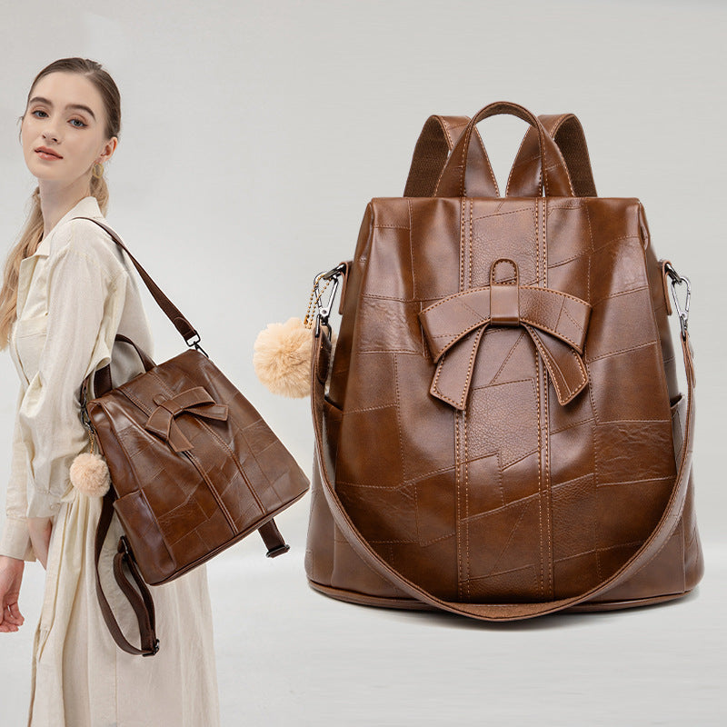 Women's Stitching Large Capacity Retro Fashion Versatile Soft Leather Women's Backpack