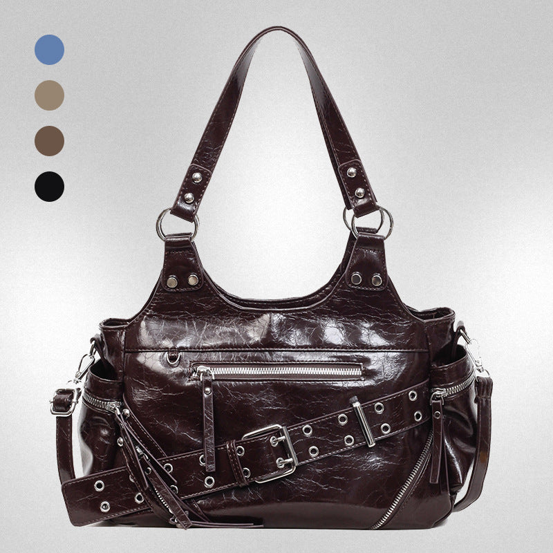 Retro Rivet Motorcycle Large Capacity Textured Women's Shoulder Bag