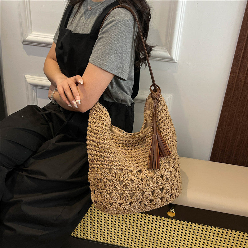 Women's Cute Leisure Vacation Woven Straw Seaside Tassel Tote Bag