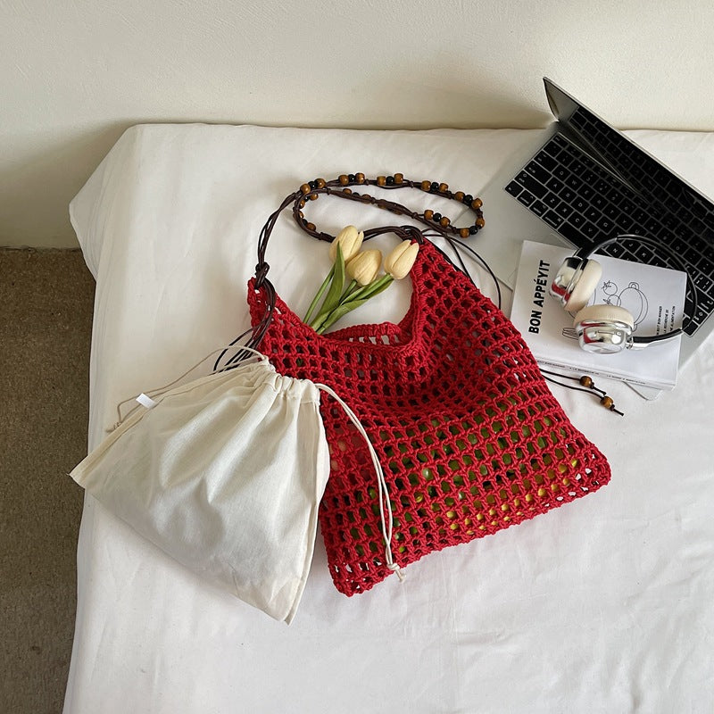 Summer Idle Style Hollow Straw Large Capacity Beaded Weave Bags