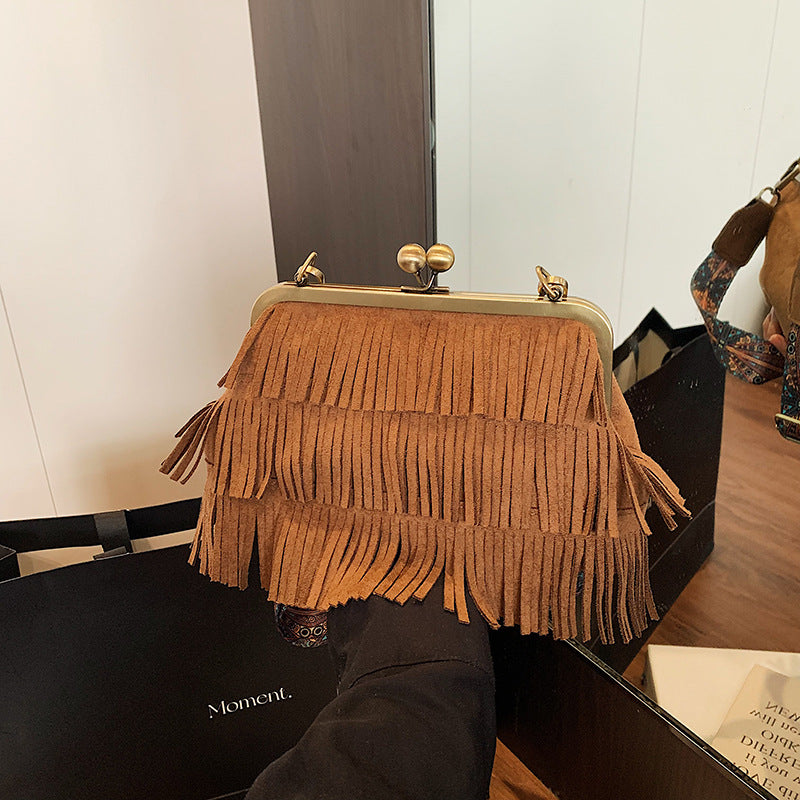 Women's Texture Tassel Retro Easy Matching Style Simple Korean Wide Shoulder Bags