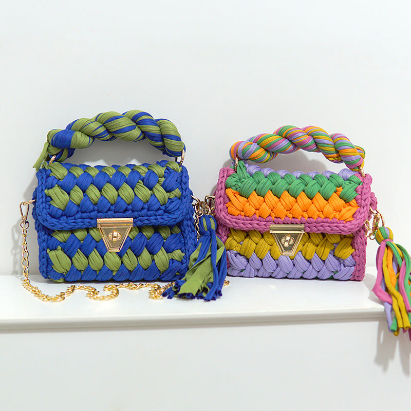 Contrast Color Handmade Finished Strip Thread Wool Bearded Bags