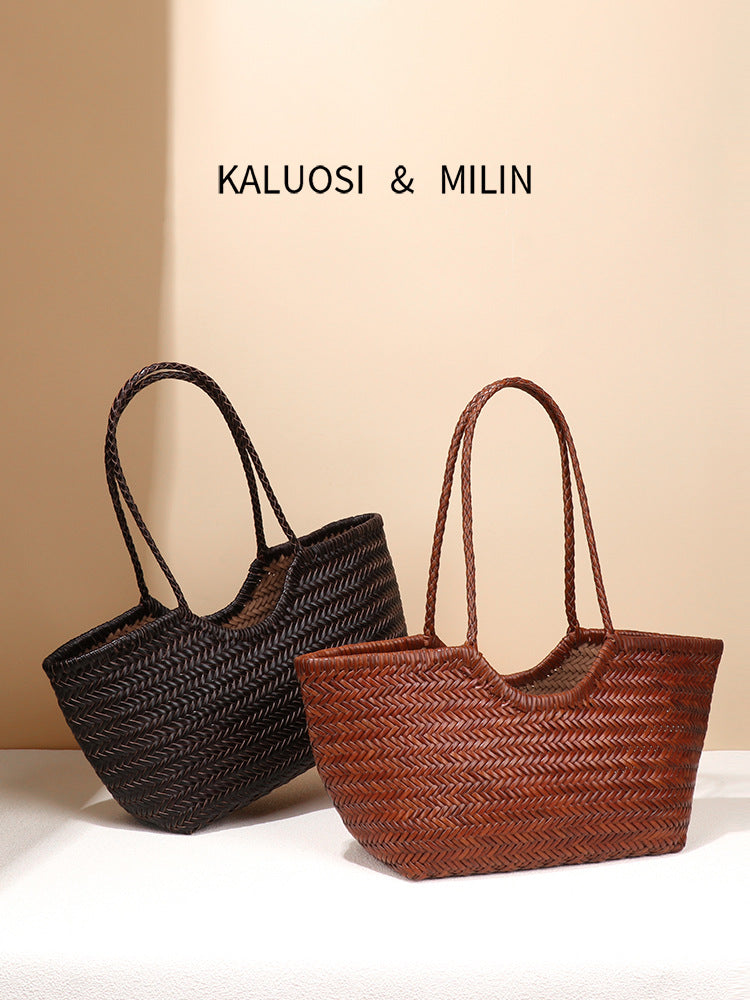 Women's Retro Authentic Leather Weave Vegetable Basket Style Bags
