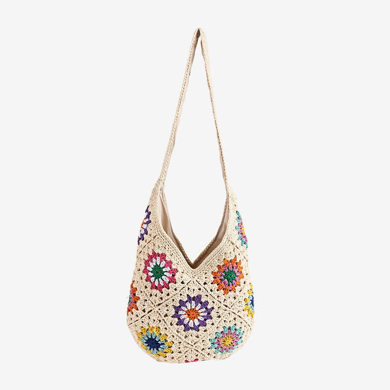 One Cotton Idle Style Flowers Woven Vacation Women's Shoulder Bag