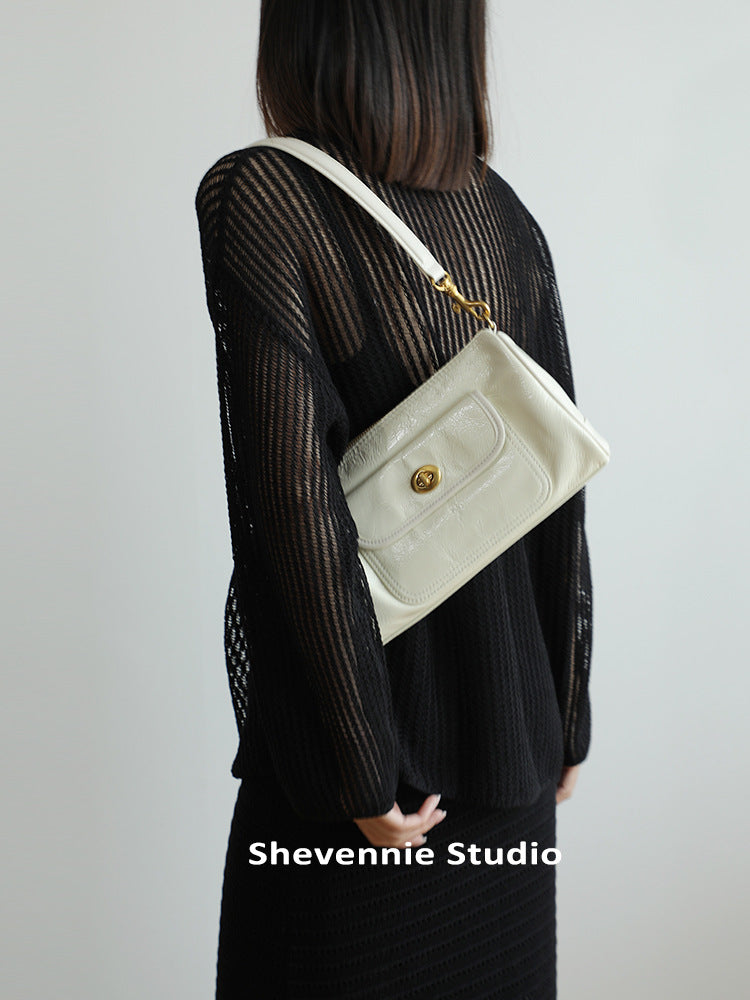 Women's Retro Style Simple First Layer Cowhide Summer Solid Underarm Bag