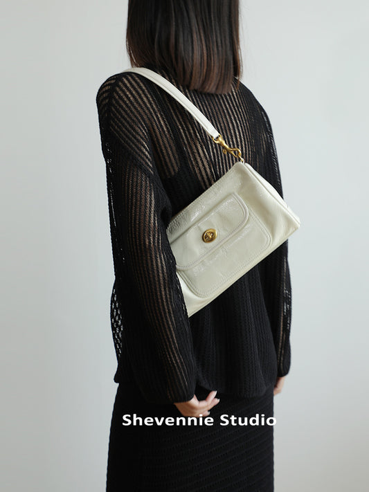 Women's Retro Style Simple First Layer Cowhide Summer Solid Underarm Bag