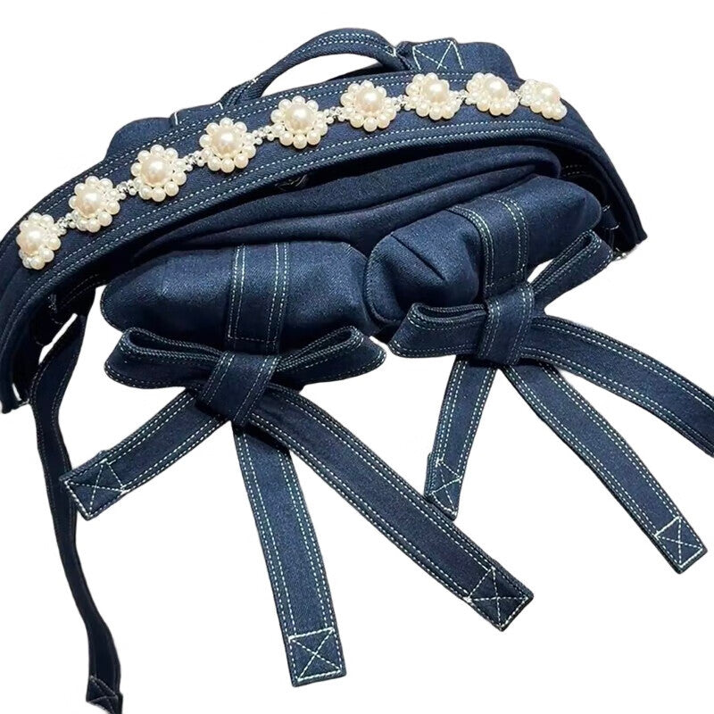 Retro Minority Denim Fashion Pearl Commuting Women's Shoulder Bag