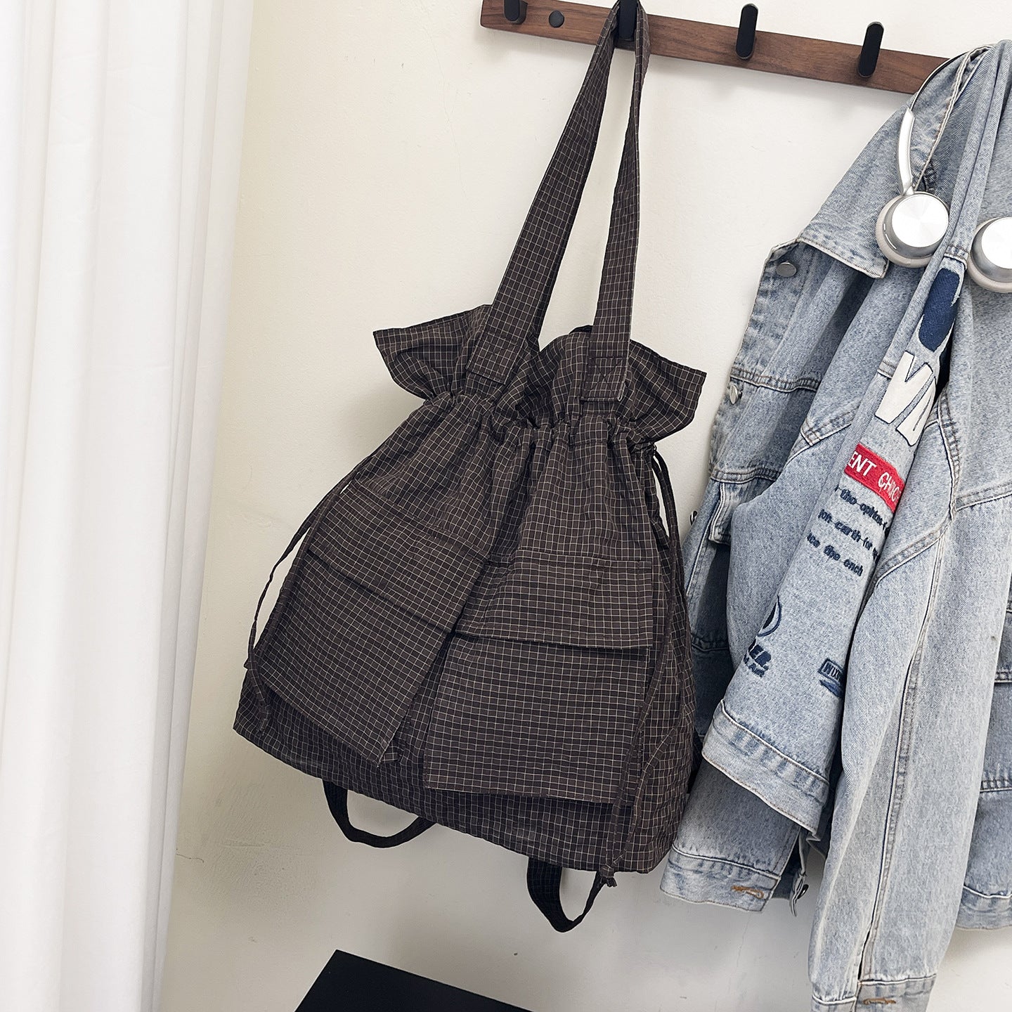 Women's Large Capacity Lightweight Plaid Drawstring Fashion Handbags
