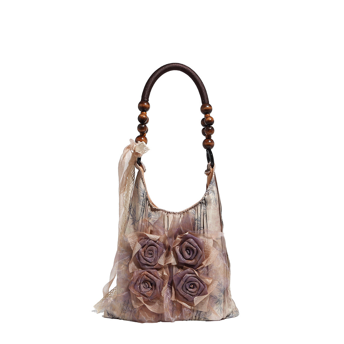 Retro Chinese Botanical Rose Flower Pleated Underarm Bag