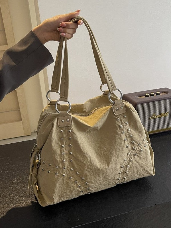Women's Large Capacity Textured Rivet Lightweight Idle Shoulder Bags