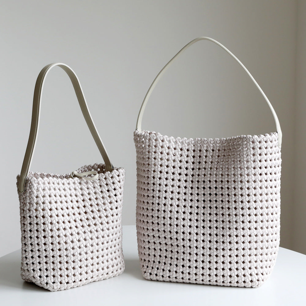 Women's Design Woven Cowhide Big Large Capacity Totes Portable Bucket Bag