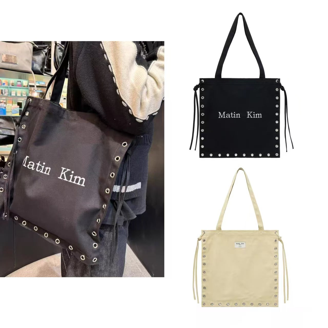 Niche Trendy Punk Drawstring Rivet Hole Personality Canvas Shoulder Bags