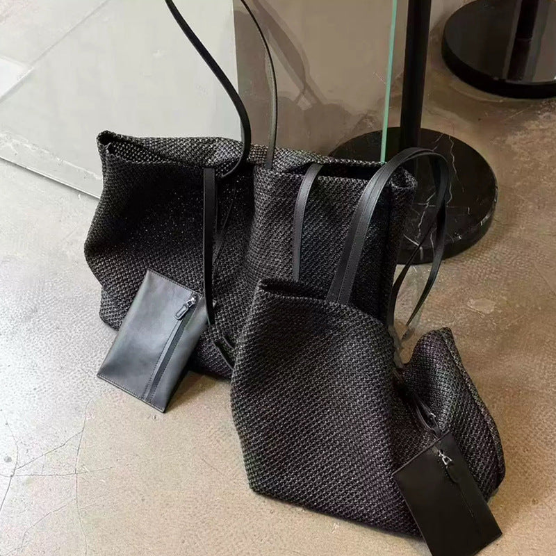 Women's Black Cut-out Woven Niche Idle Style Versatile Large Capacity Tote Bag