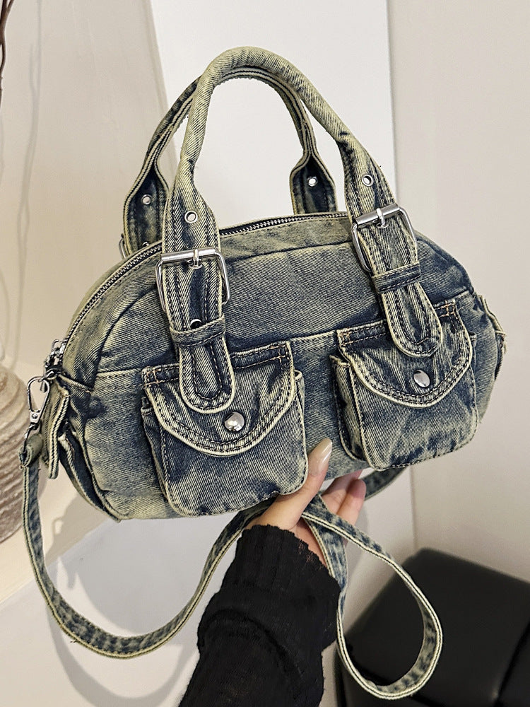 Women's Denim Pleated Portable Boston Bowling Bags