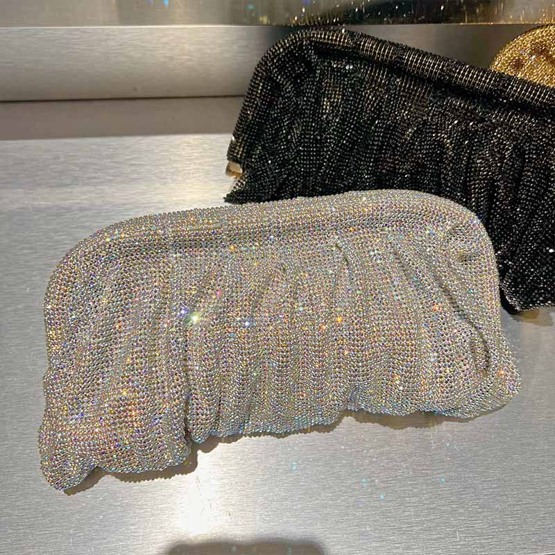 Studded Hand Crystal Pleated Chain Rhinestone Cloud Dumplings Clip Women's Shoulder Bag