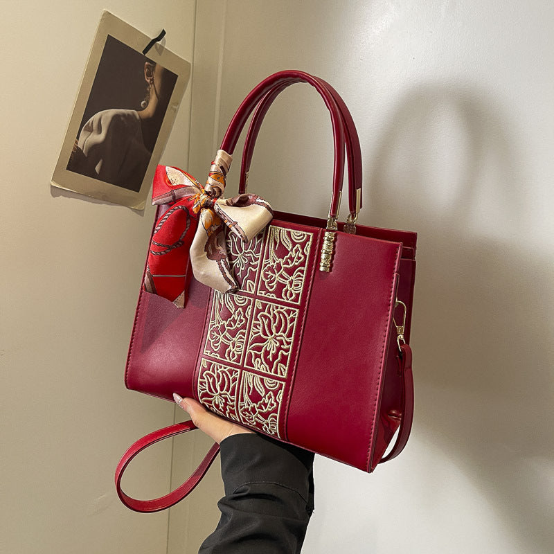 Chinese Style Embroidery Red Large Capacity Bridal Wedding Tote Bag