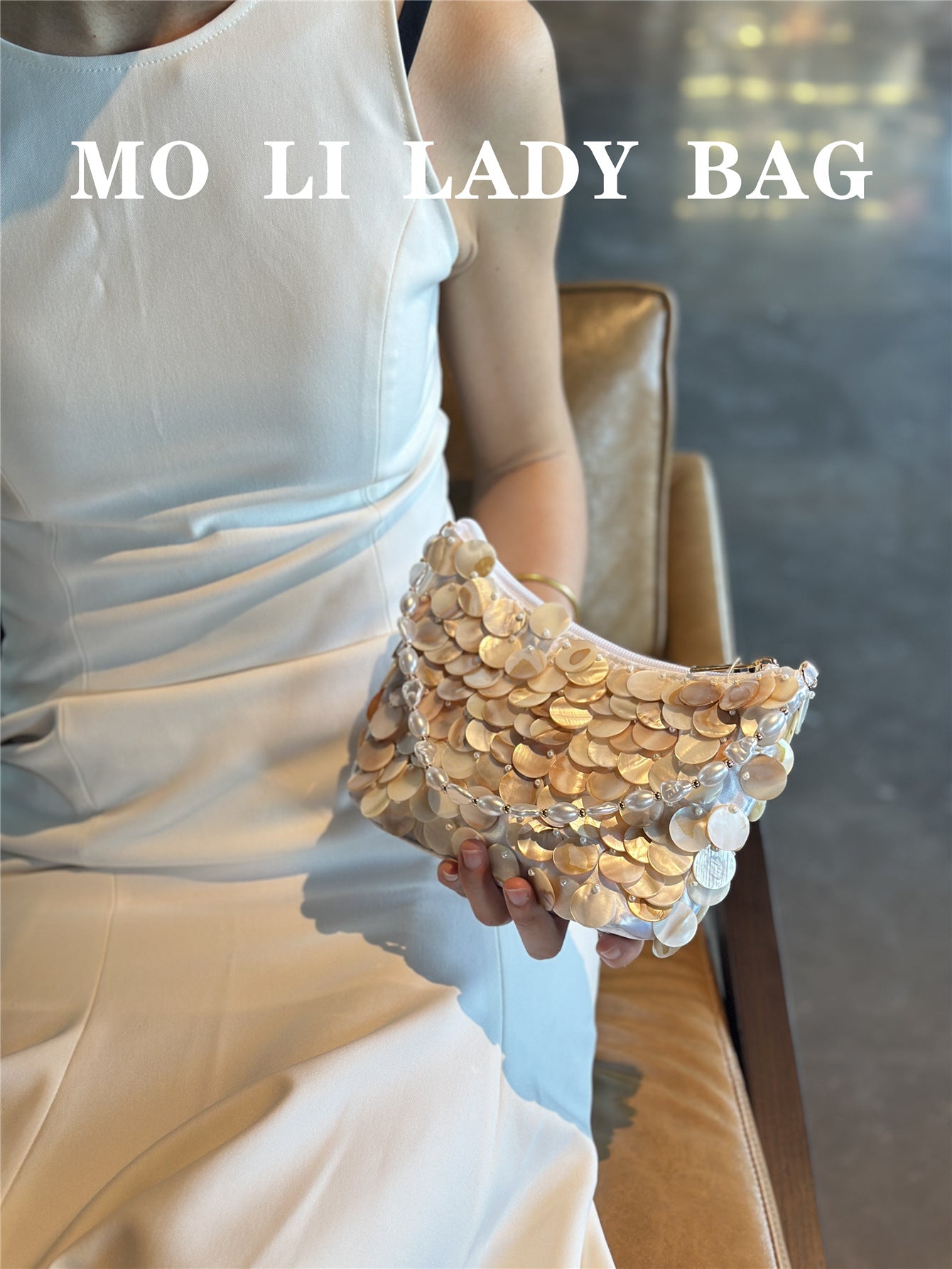 Women's French Retro Scale Sequined Shell Dumpling String Pearl Chain Dinner Bags