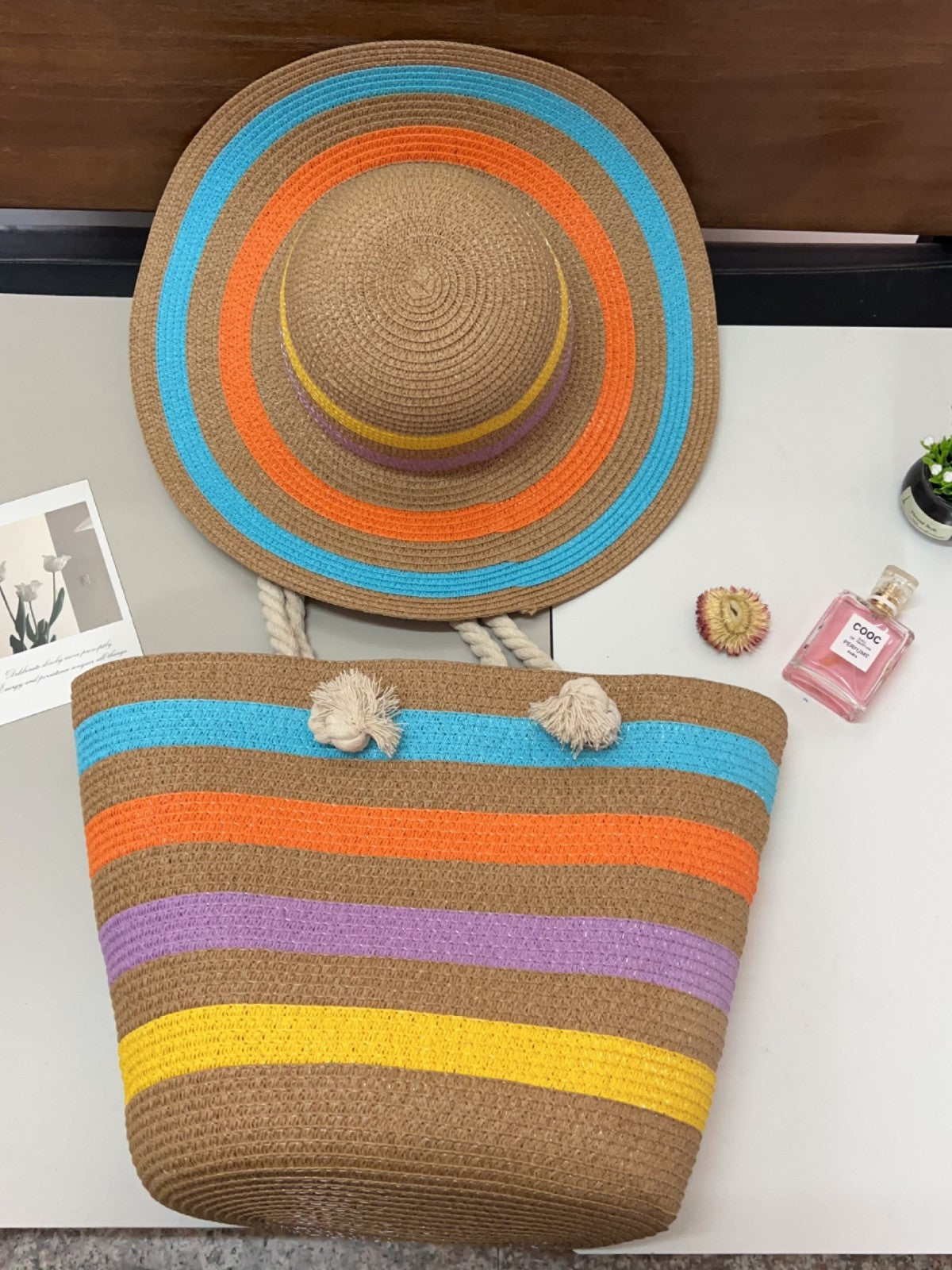 Summer Lady Colored Mosaic Beach Straw Tote Bag
