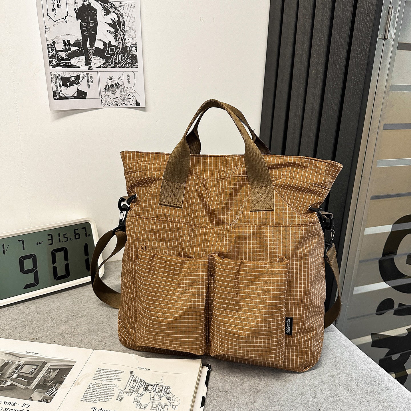Green Plaid Canvas Large Capacity Portable Tote Bag