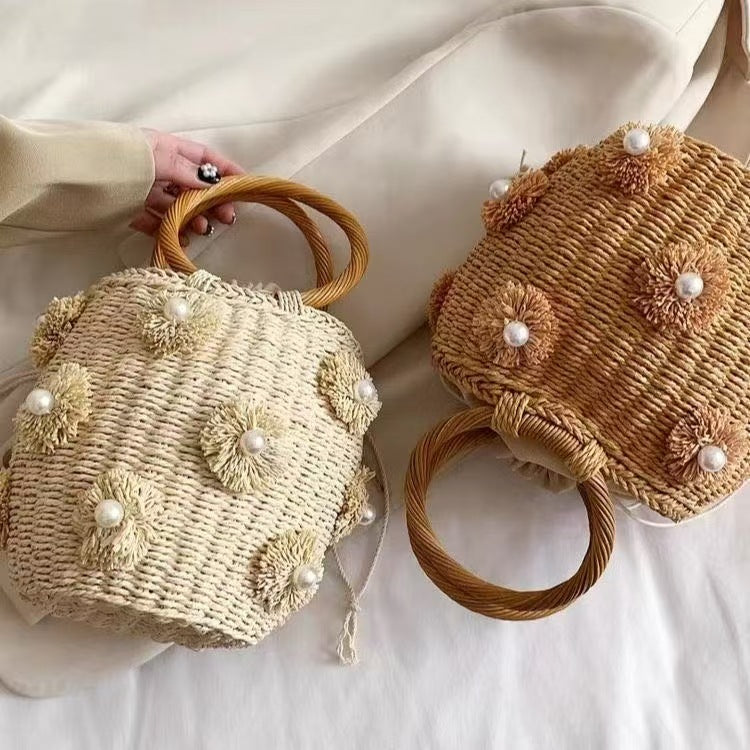 Women's Straw Artificial Pearl Decorative Portable Basket Woven Tote Bag