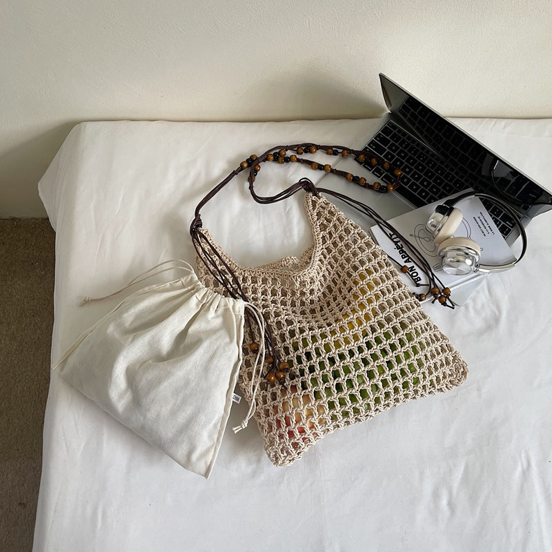 Summer Idle Style Hollow Straw Large Capacity Beaded Weave Bags