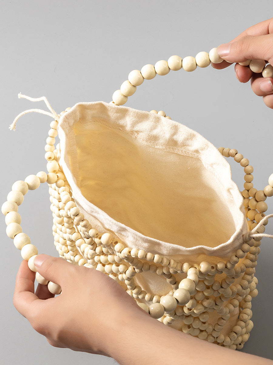 Women's Wooden Beads Decoration Contrast Color Hand-woven Large Handbags