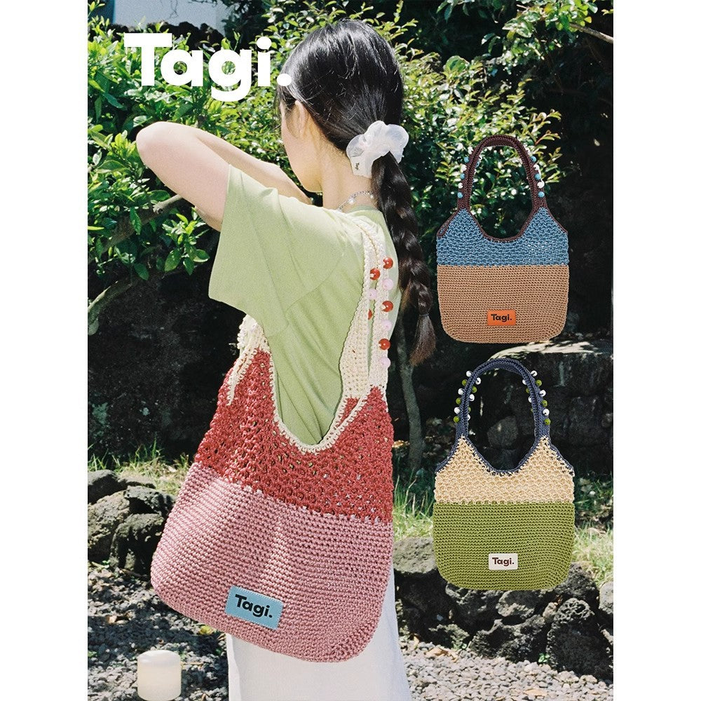 Handmade String Wooden Bead Portable Contrast Color Single Woven Women's Shoulder Bag