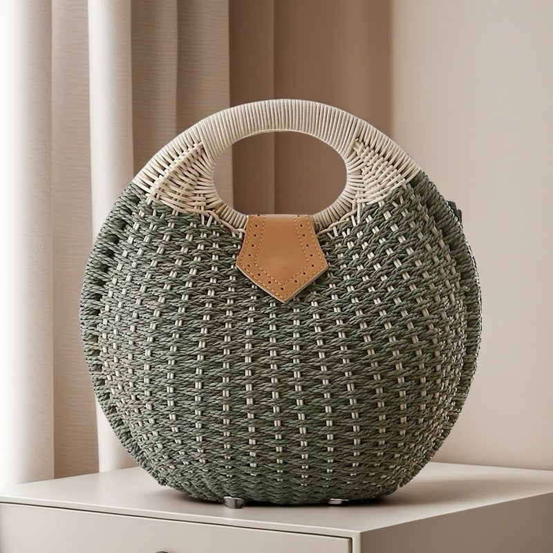 Simple Straw Style Woven Semicircle Beach Portable Round Women's Handbag