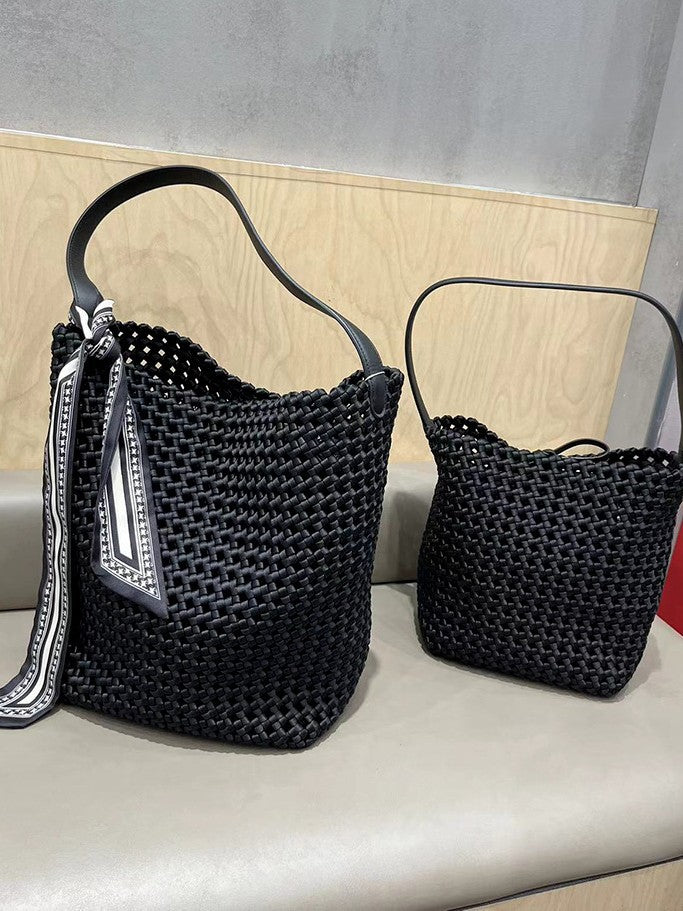 Capacity Nylon Cloth Hand-woven Underarm Hollow Bucket Bags