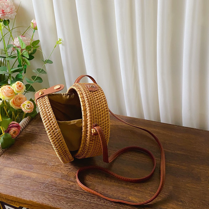 Women's Vietnam Rattan Woven Round Storage Straw Seaside Women's Shoulder Bag