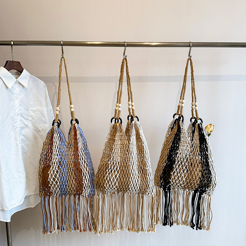 Women's Tassel Portable Woven Large Capacity Beach Vacation Niche Color Matching Women's Shoulder Bag