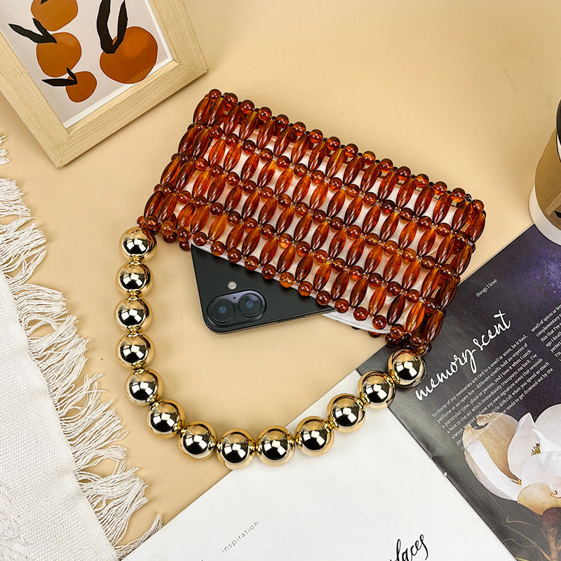 Amber Brown Special Interest Light Luxury Handmade Beaded Hollow Retro Women's Handbag