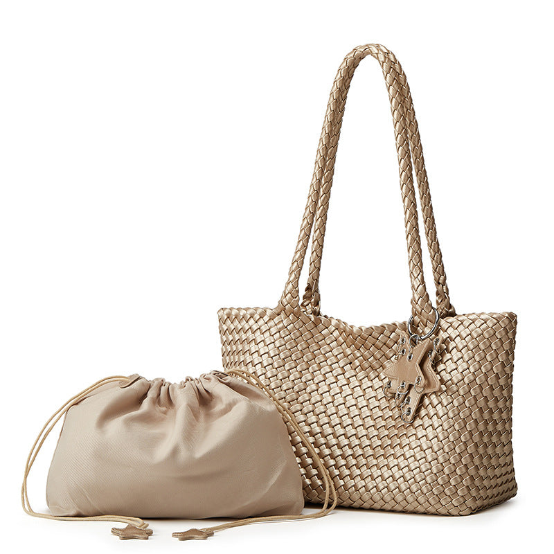 Hand-woven Medium Champagne Gold Soft Leather Idle Style Commuter Large Women's Shoulder Bag