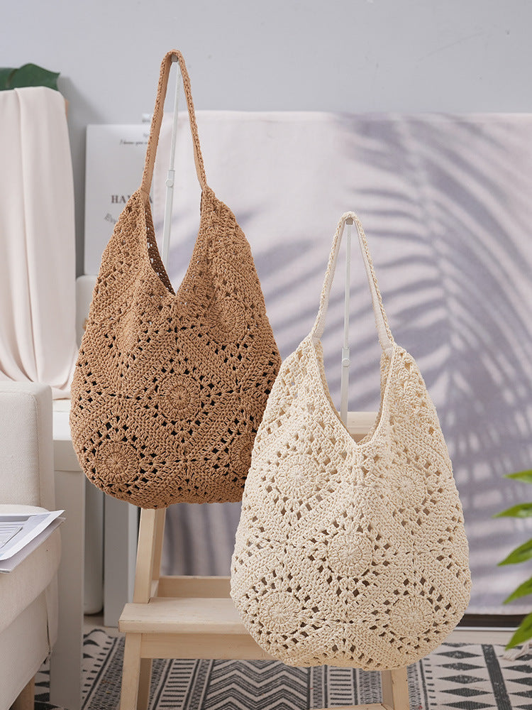 Cotton Thread Grandmother Grid Hollow Pattern Woven Large Capacity Artistic Women's Shoulder Bag