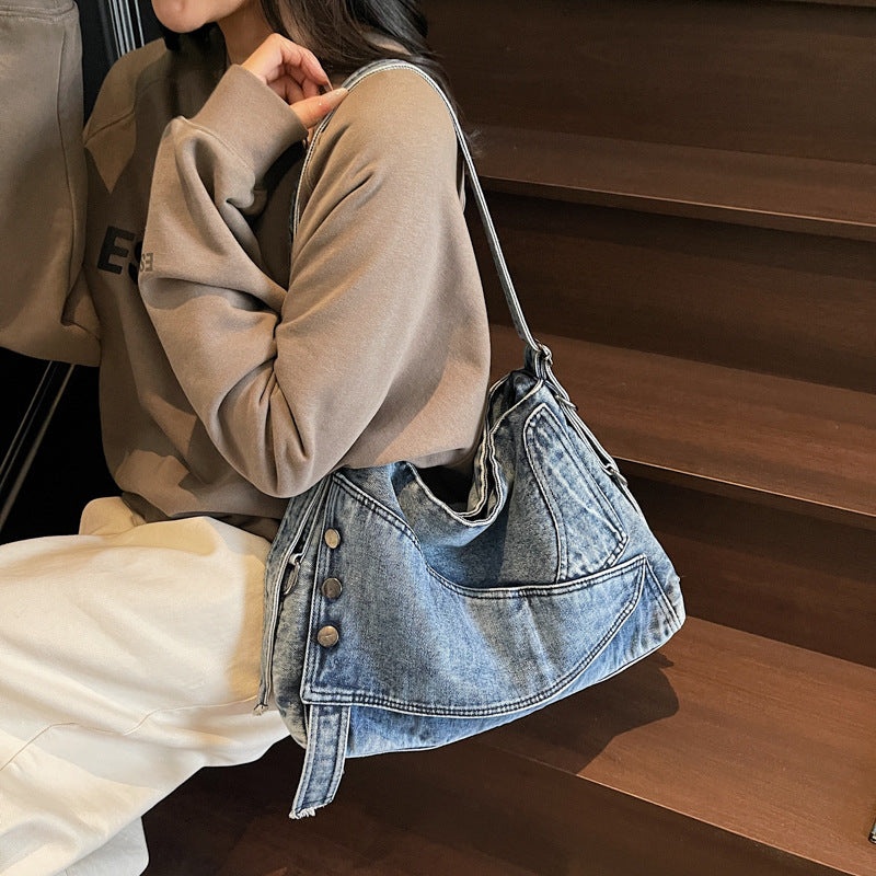 Women's Retro Washed Denim Large Capacity Trendy Tote Bag