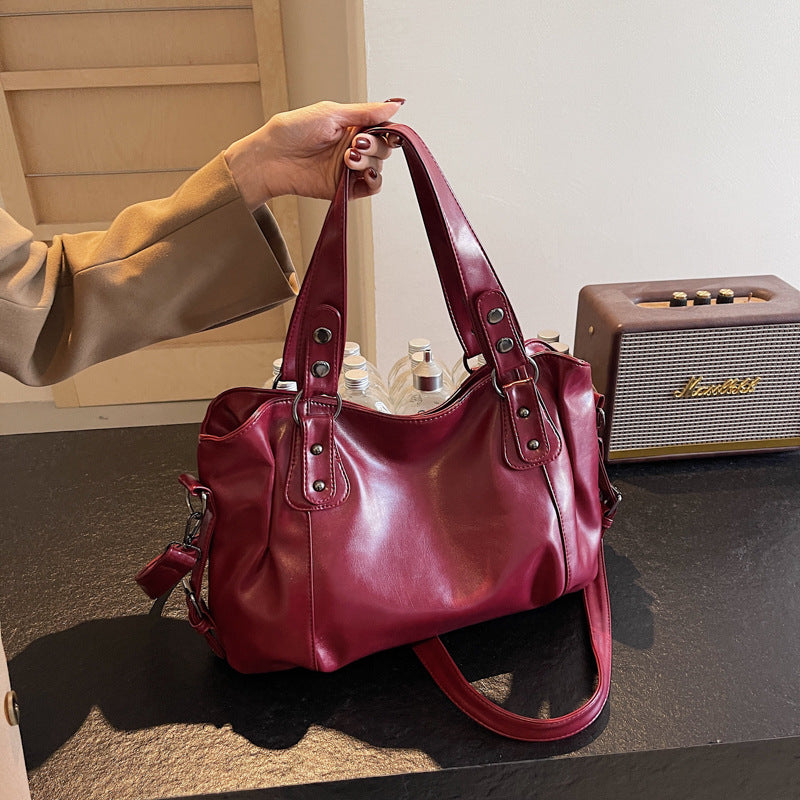 Retro Solid Color Large Capacity Soft Leather Tote Bags