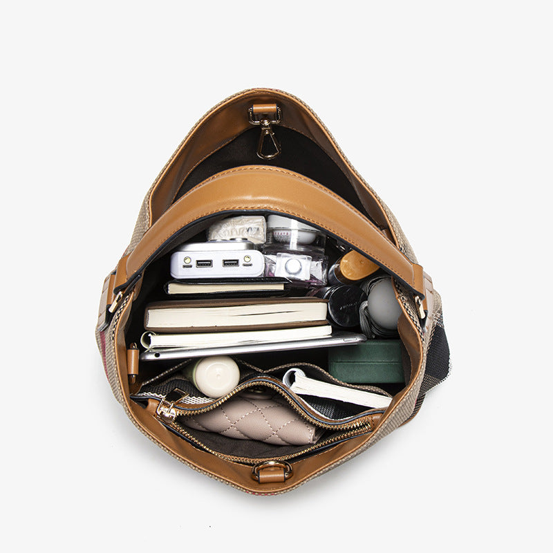 Women's Canvas Check Pattern Fashionable Contrast Color Striped Large Capacity Women's Handbag
