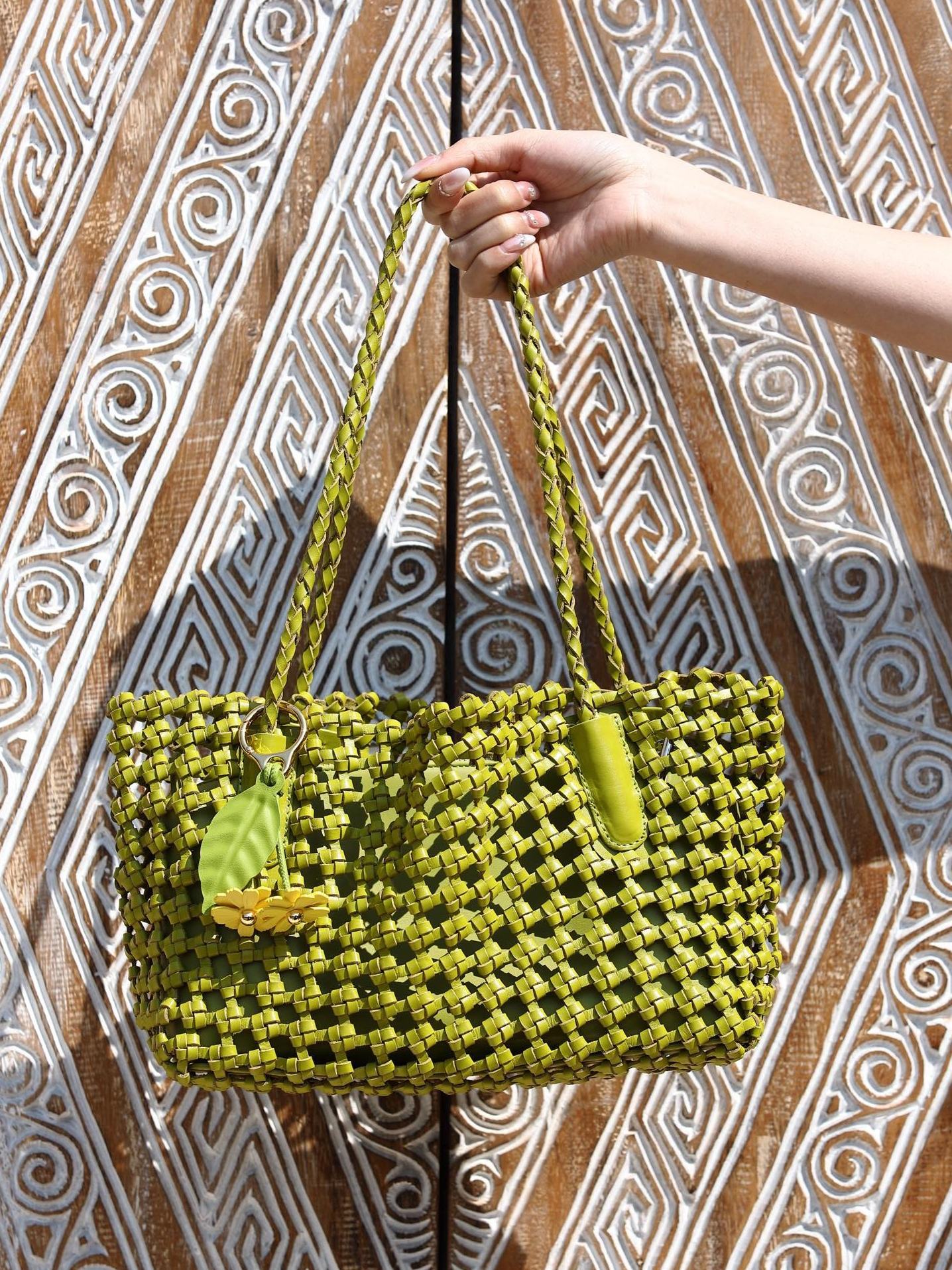 Vegetable Tanning Cowhide Hollow Design Woven Genuine Bags