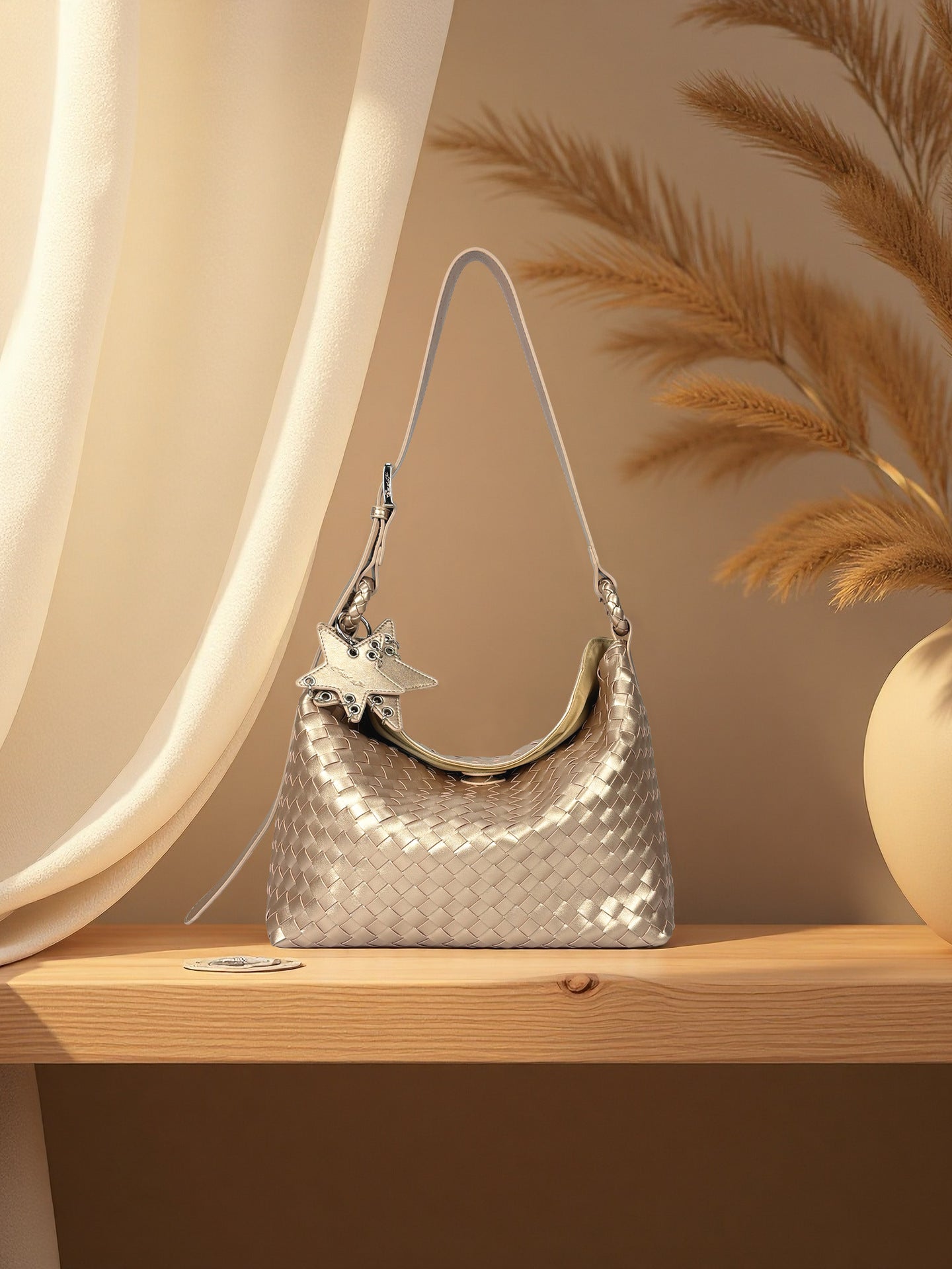 Women's Woven Champagne Large Capacity One Commuter Tote Bags