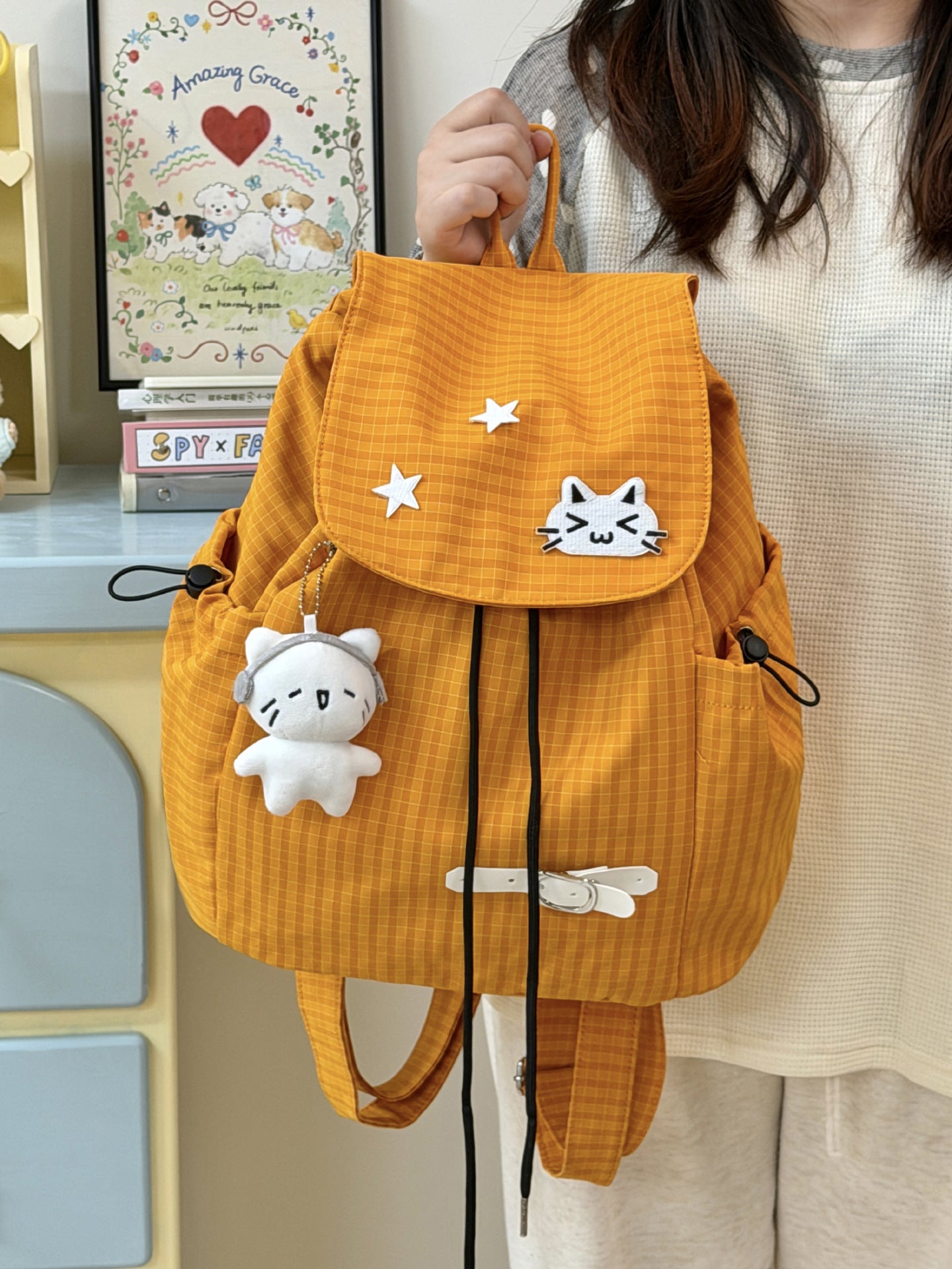 Embroidery Kitten Milk Blue Plaid Soft Leisure Backpack