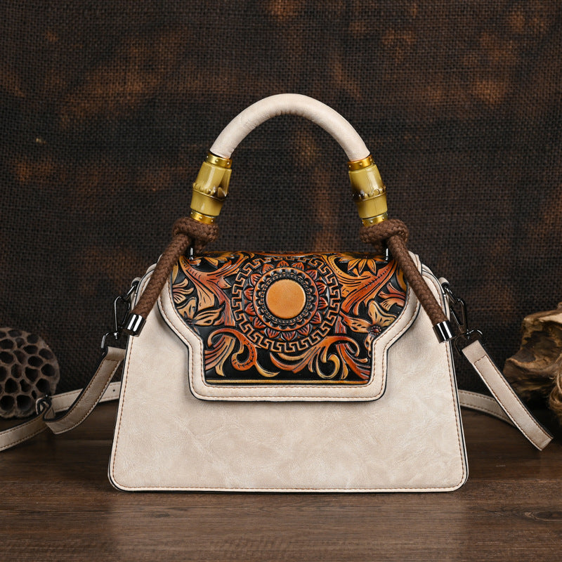 Women's Retro Artistic Style Underarm Bamboo Hemp Rope Hand-held Embossing Brush-off Bags