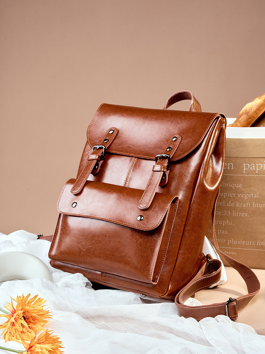 Women's Leather Cowhide Computer College Style Large Capacity Women's Backpack