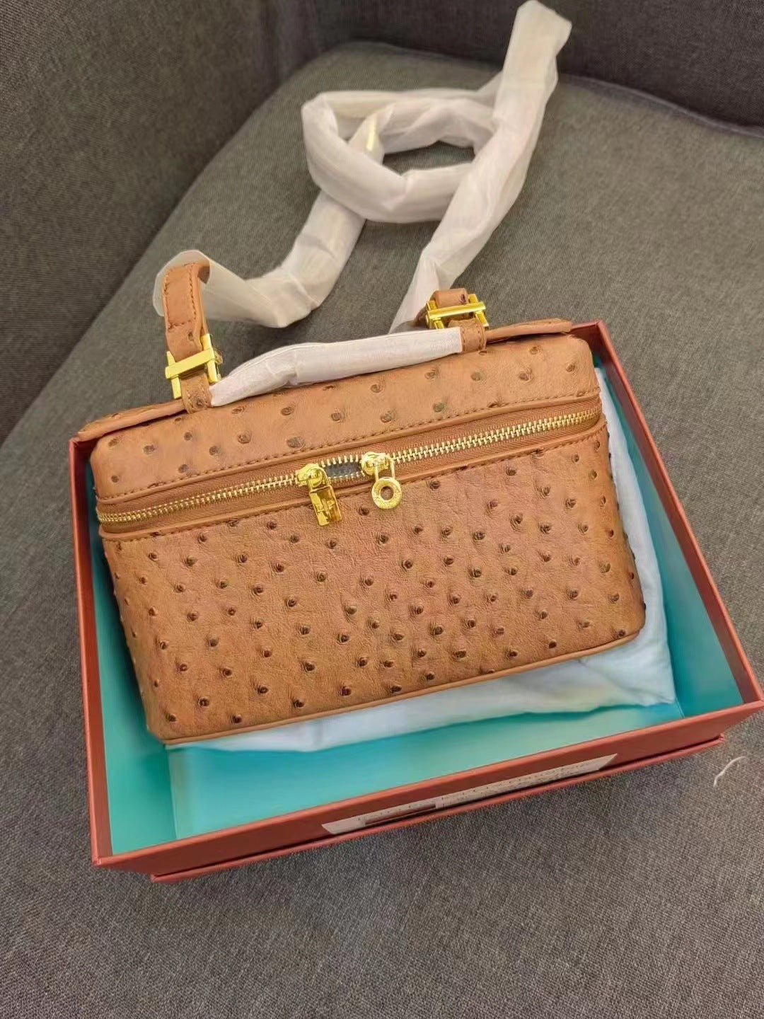 Ostrich Grain Lunch Box Vintage Upscale Women's Messenger Bag