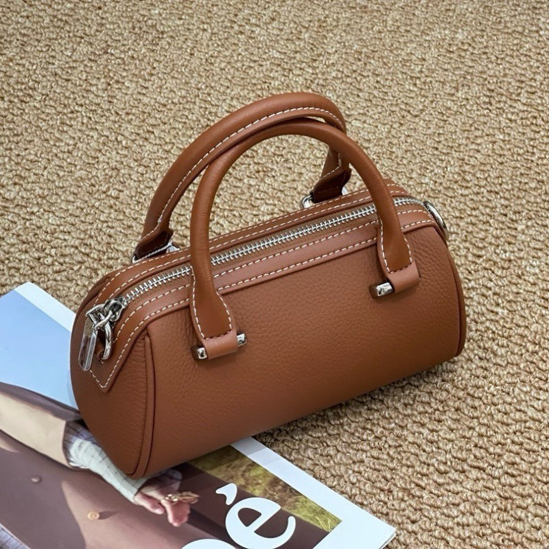 Retro Boston Pillow First Layer Cowhide Minority Fashion Lychee Women's Handbag